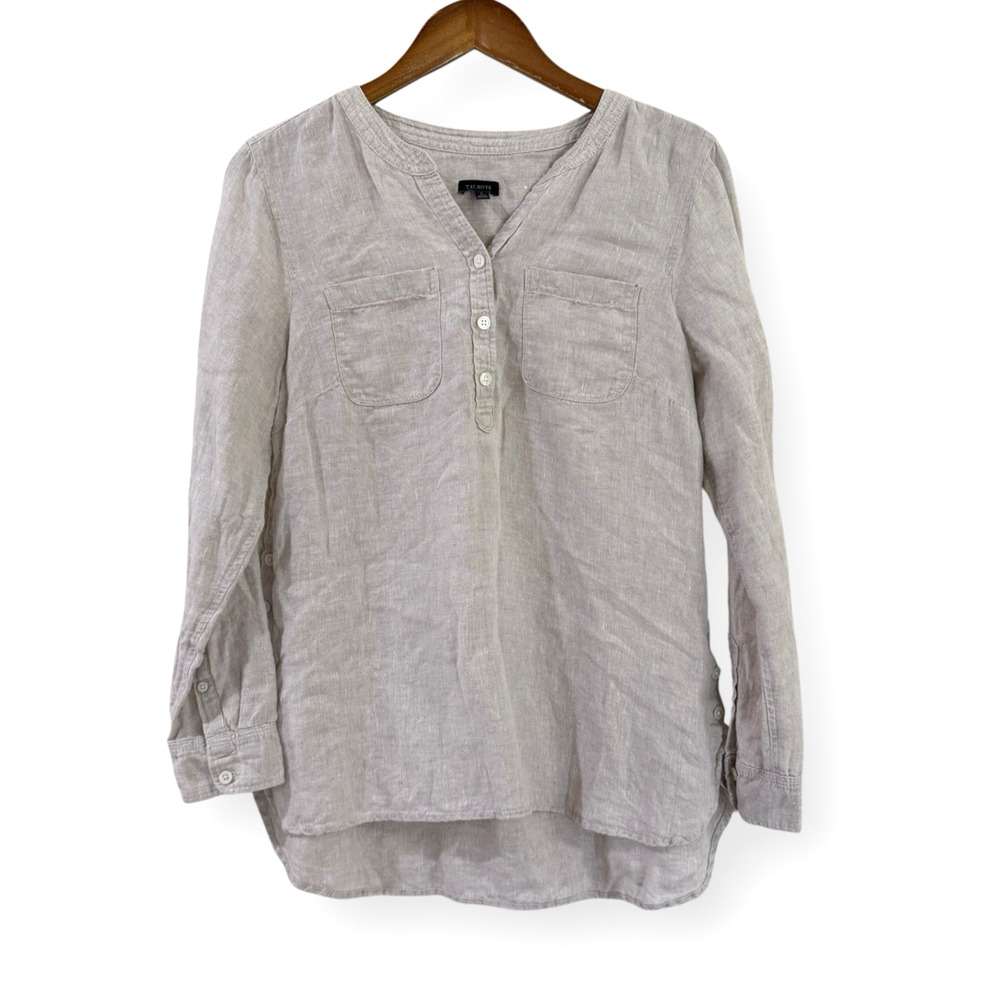 Talbots Linen Popover Tunic Top Size S Beige Hi Low V-Neck Long Sleeve Pockets